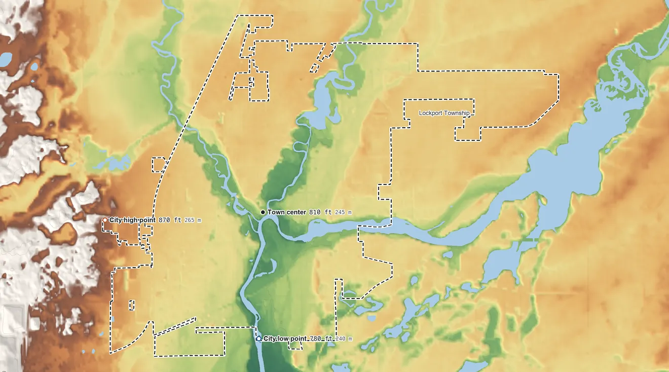 Topographic elevation map of Three Rivers, Michigan, shaded from 780 ft on the south side to 870 ft on the west side