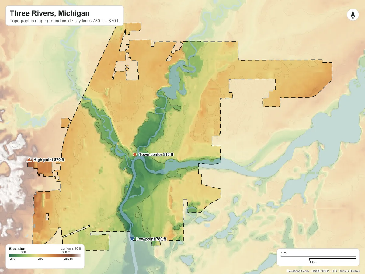 Topographic elevation map of Three Rivers, Michigan, shaded from 780 ft on the south side to 870 ft on the west side