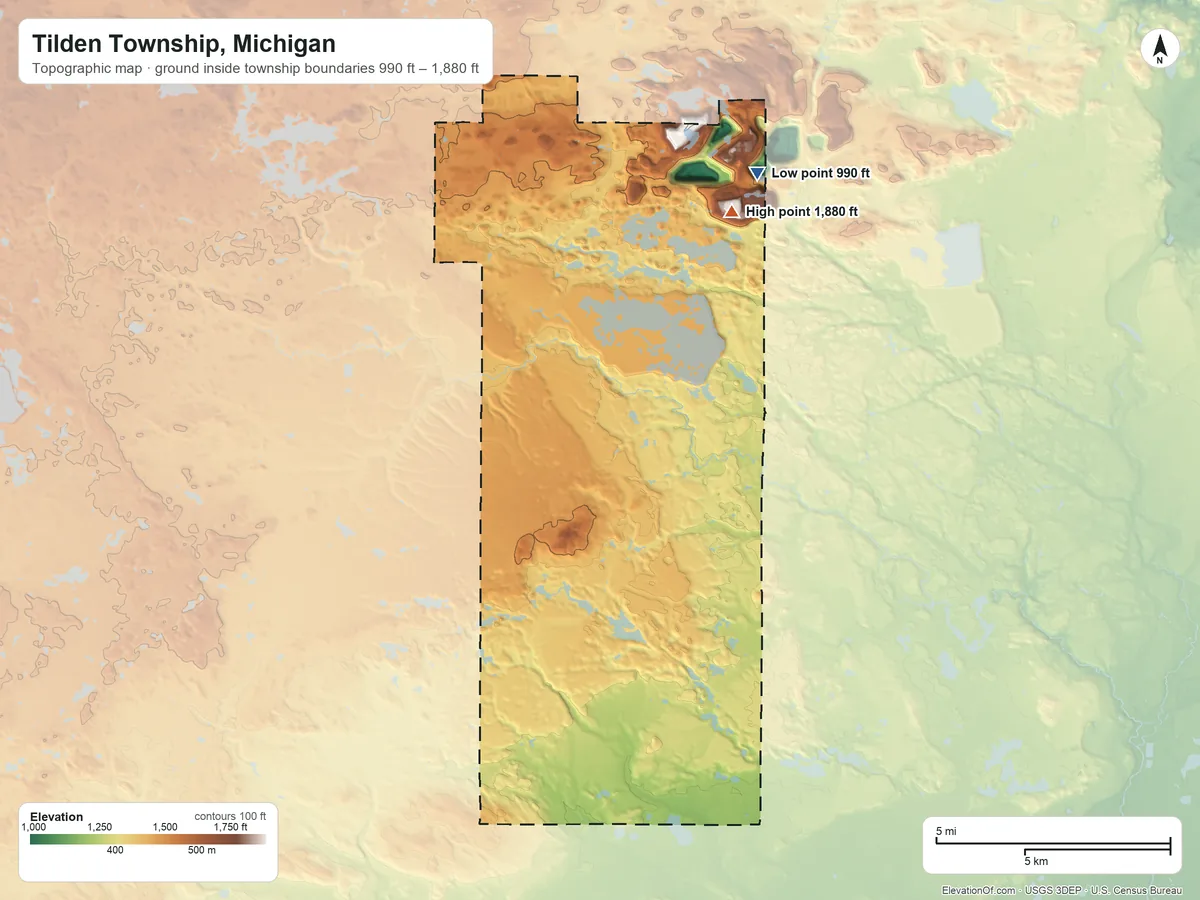 Topographic elevation map of Tilden Township, Michigan, shaded from 990 ft on the east side to 1,880 ft on the east side