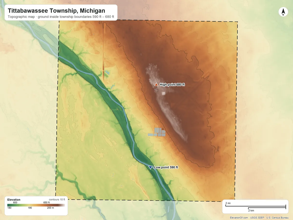 Topographic elevation map of Tittabawassee Township, Michigan, shaded from 590 ft on the south side to 680 ft on the northeast side