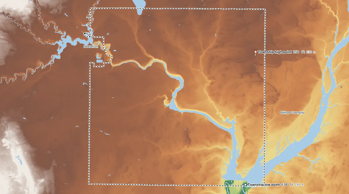 Topographic elevation map of Tobacco Township, Michigan, shaded from 630 ft on the southeast side to 750 ft on the northeast side