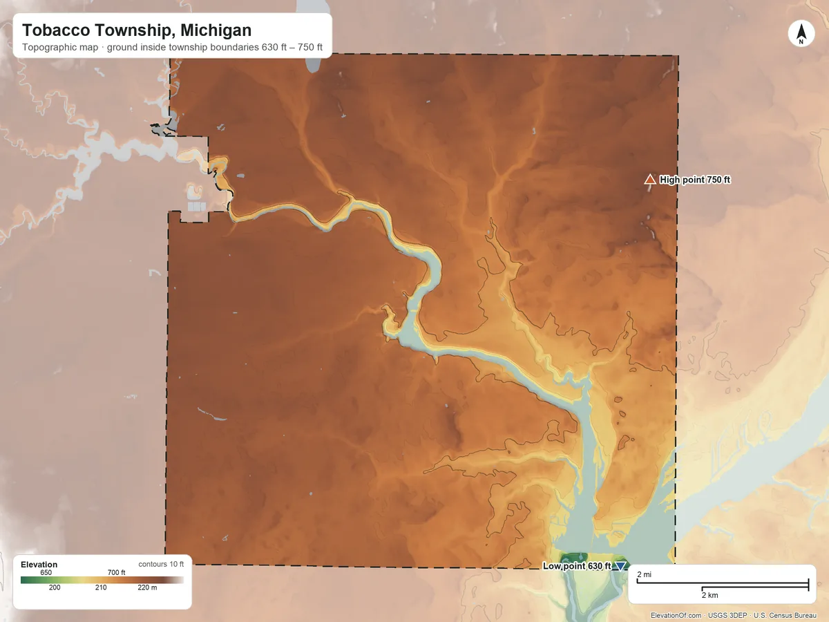 Topographic elevation map of Tobacco Township, Michigan, shaded from 630 ft on the southeast side to 750 ft on the northeast side