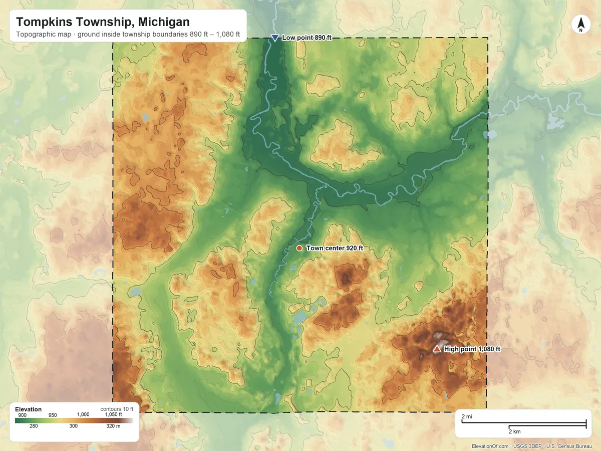 Topographic elevation map of Tompkins Township, Michigan, shaded from 890 ft on the north side to 1,080 ft on the southeast side