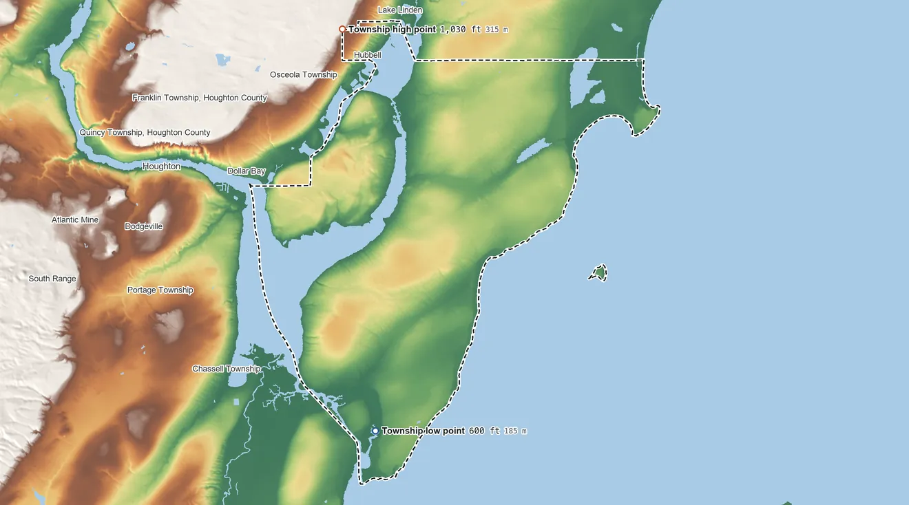 Topographic elevation map of Torch Lake Township, Michigan, shaded from 600 ft on the south side to 1,030 ft on the northwest side