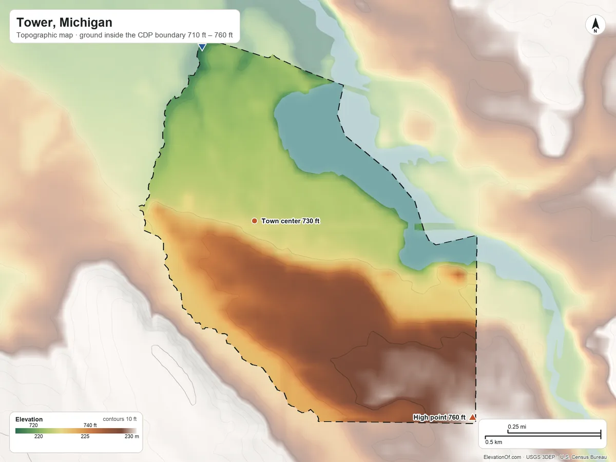 Topographic elevation map of Tower, Michigan, shaded from 710 ft on the north side to 760 ft on the southeast side