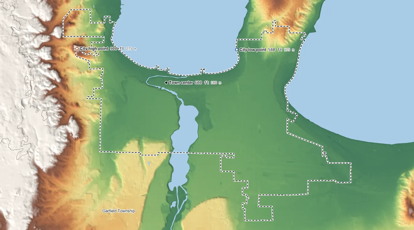Topographic elevation map of Traverse City, Michigan, shaded from 580 ft on the northeast side to 900 ft on the west side