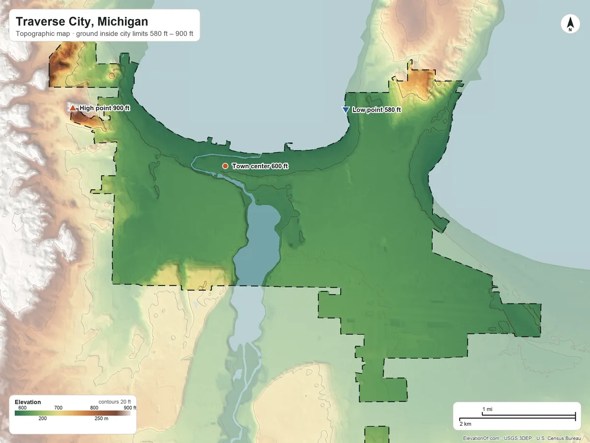 Topographic elevation map of Traverse City, Michigan, shaded from 580 ft on the northeast side to 900 ft on the west side