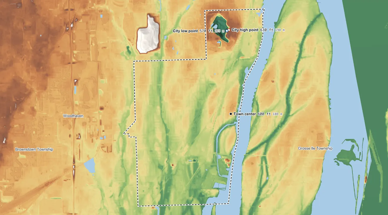 Topographic elevation map of Trenton, Michigan, shaded from 570 ft on the north side to 630 ft on the north side