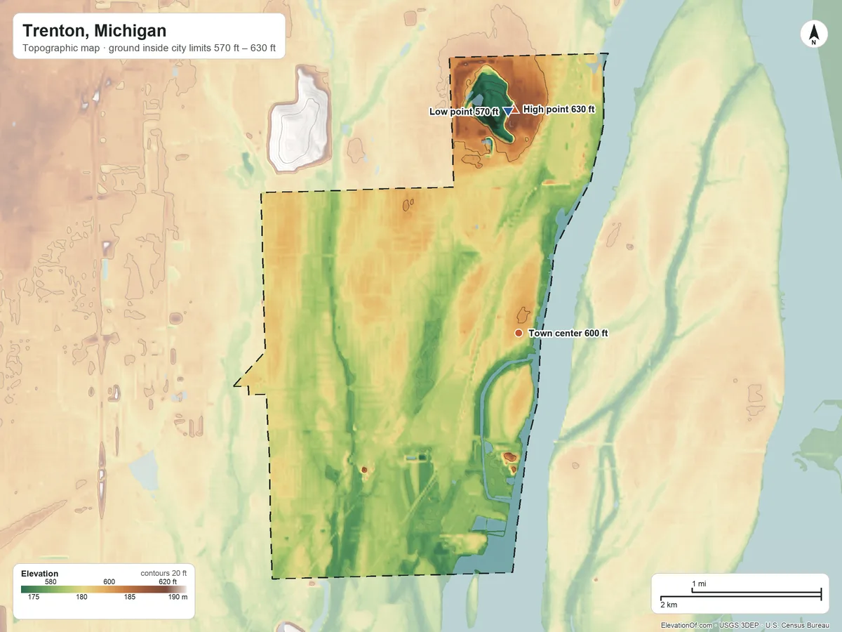 Topographic elevation map of Trenton, Michigan, shaded from 570 ft on the north side to 630 ft on the north side