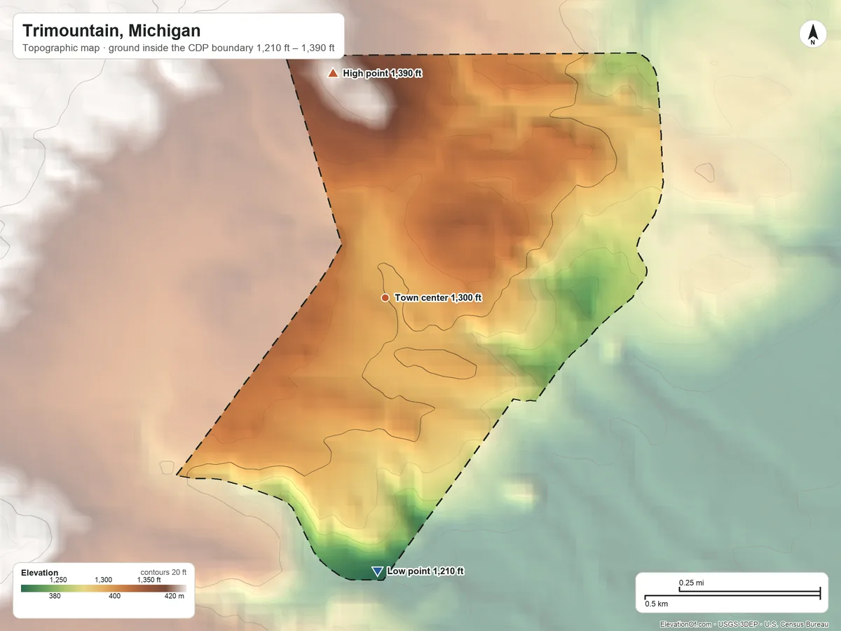 Topographic elevation map of Trimountain, Michigan, shaded from 1,210 ft on the south side to 1,390 ft on the north side