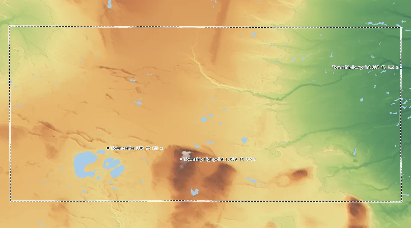 Topographic elevation map of Trout Lake Township, Michigan, shaded from 680 ft on the east side to 1,030 ft on the east side