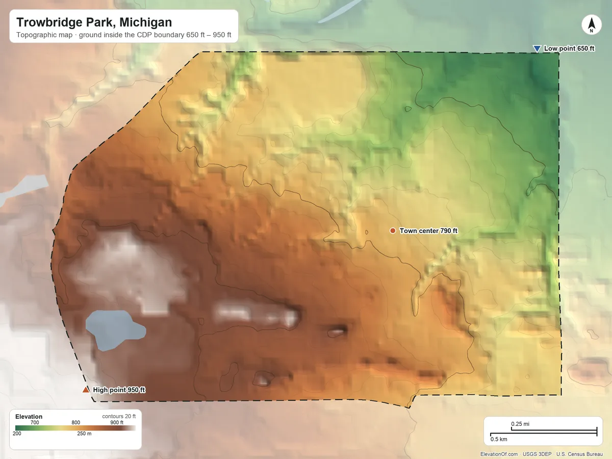Topographic elevation map of Trowbridge Park, Michigan, shaded from 650 ft on the northeast side to 950 ft on the southwest edge, below higher ground just outside
