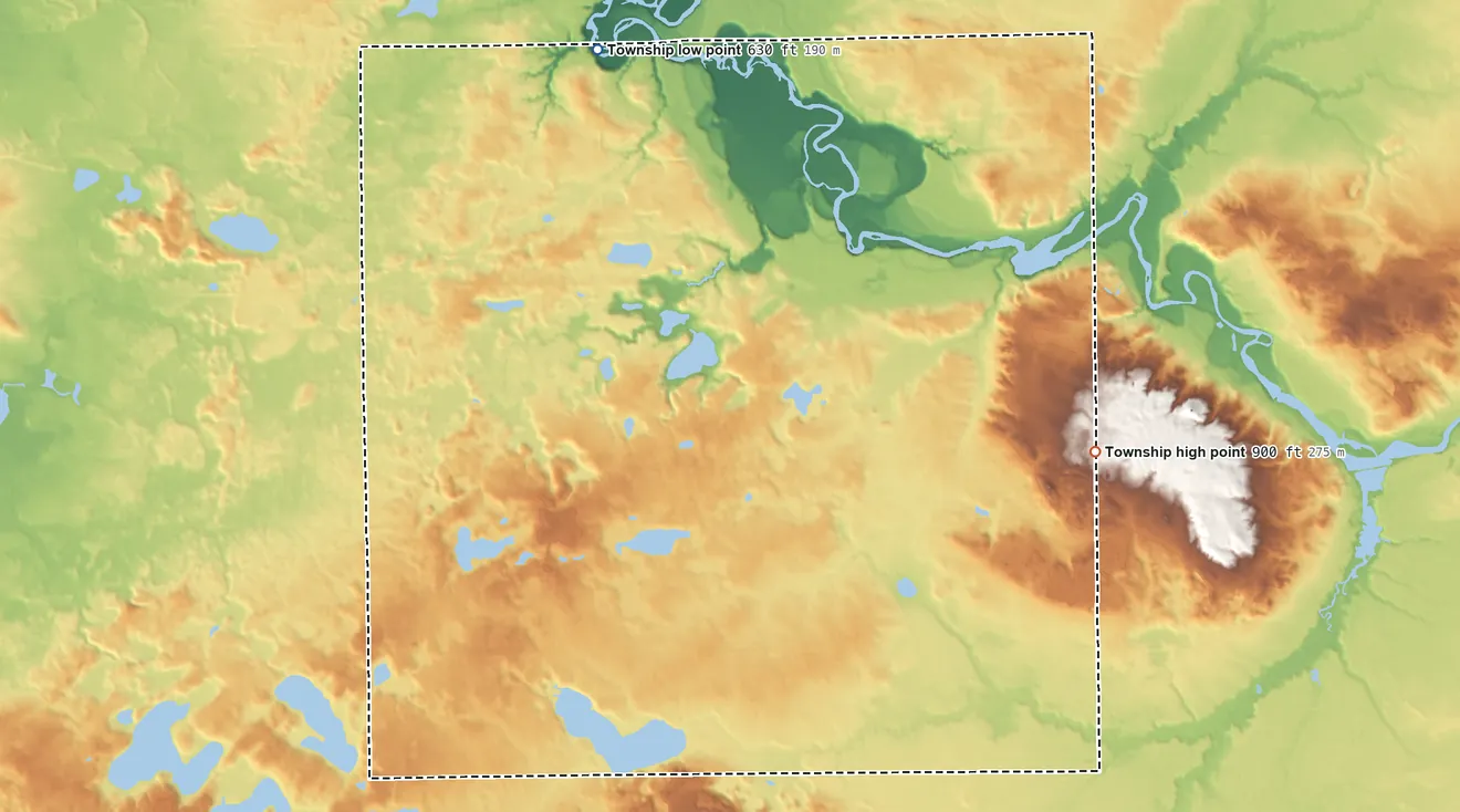 Topographic elevation map of Trowbridge Township, Michigan, shaded from 630 ft on the northwest side to 900 ft on the east side