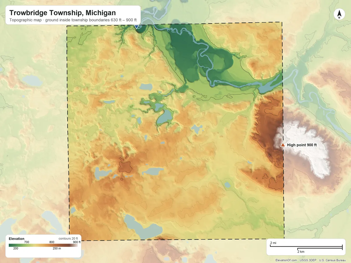 Topographic elevation map of Trowbridge Township, Michigan, shaded from 630 ft on the northwest side to 900 ft on the east side