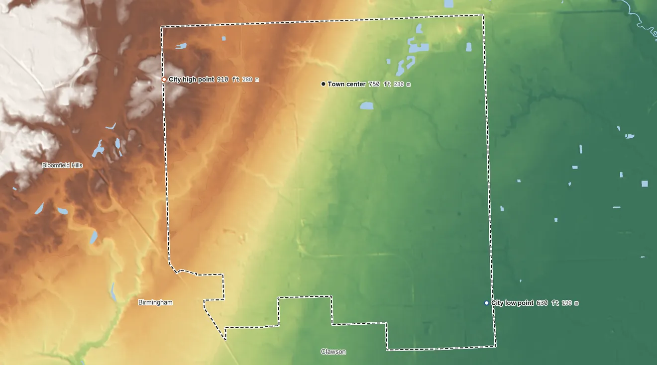 Topographic elevation map of Troy, Michigan, shaded from 630 ft on the southeast side to 910 ft on the west side