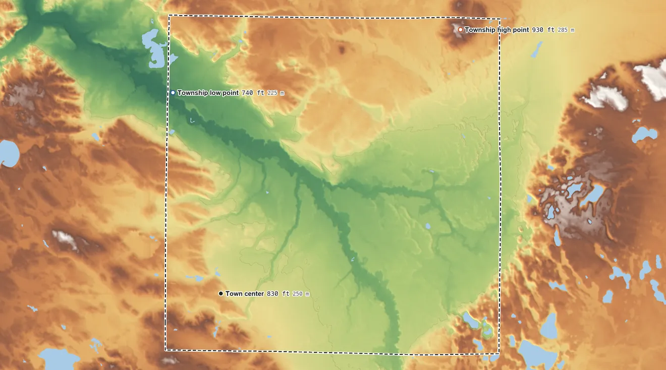 Topographic elevation map of Troy Township, Michigan, shaded from 740 ft on the north side to 930 ft on the northeast side
