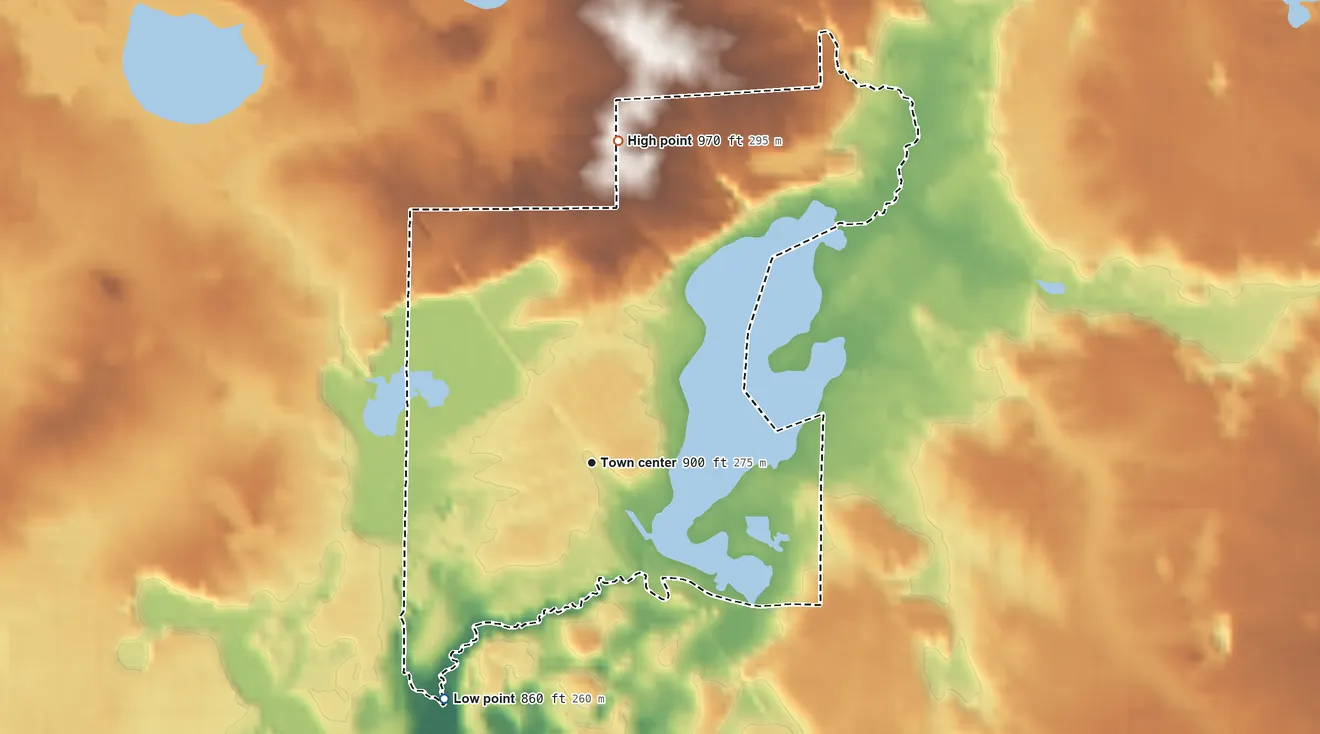 Topographic elevation map of Trufant, Michigan, shaded from 860 ft on the southwest side to 970 ft on the north side
