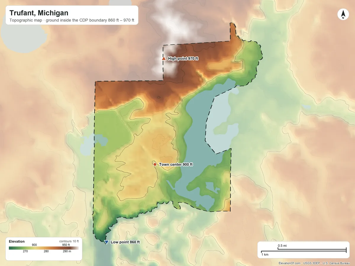 Topographic elevation map of Trufant, Michigan, shaded from 860 ft on the southwest side to 970 ft on the north side