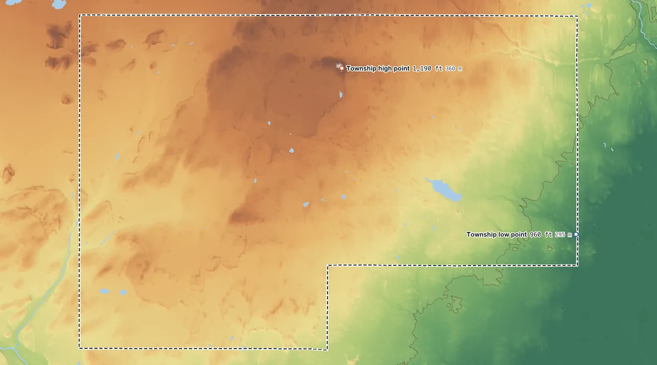 Topographic elevation map of Turin Township, Michigan, shaded from 960 ft on the southeast side to 1,190 ft on the north side