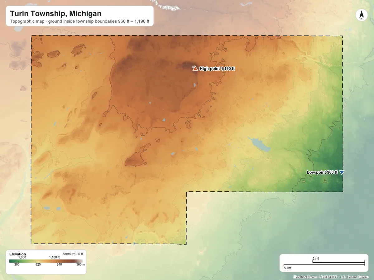 Topographic elevation map of Turin Township, Michigan, shaded from 960 ft on the southeast side to 1,190 ft on the north side