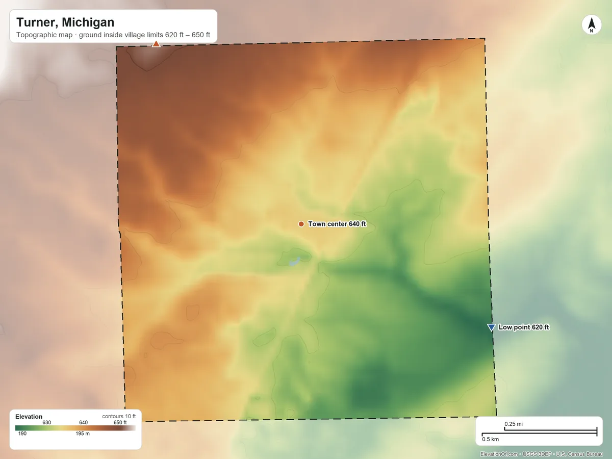 Topographic elevation map of Turner, Michigan, shaded from 620 ft on the southeast side to 650 ft on the northwest side