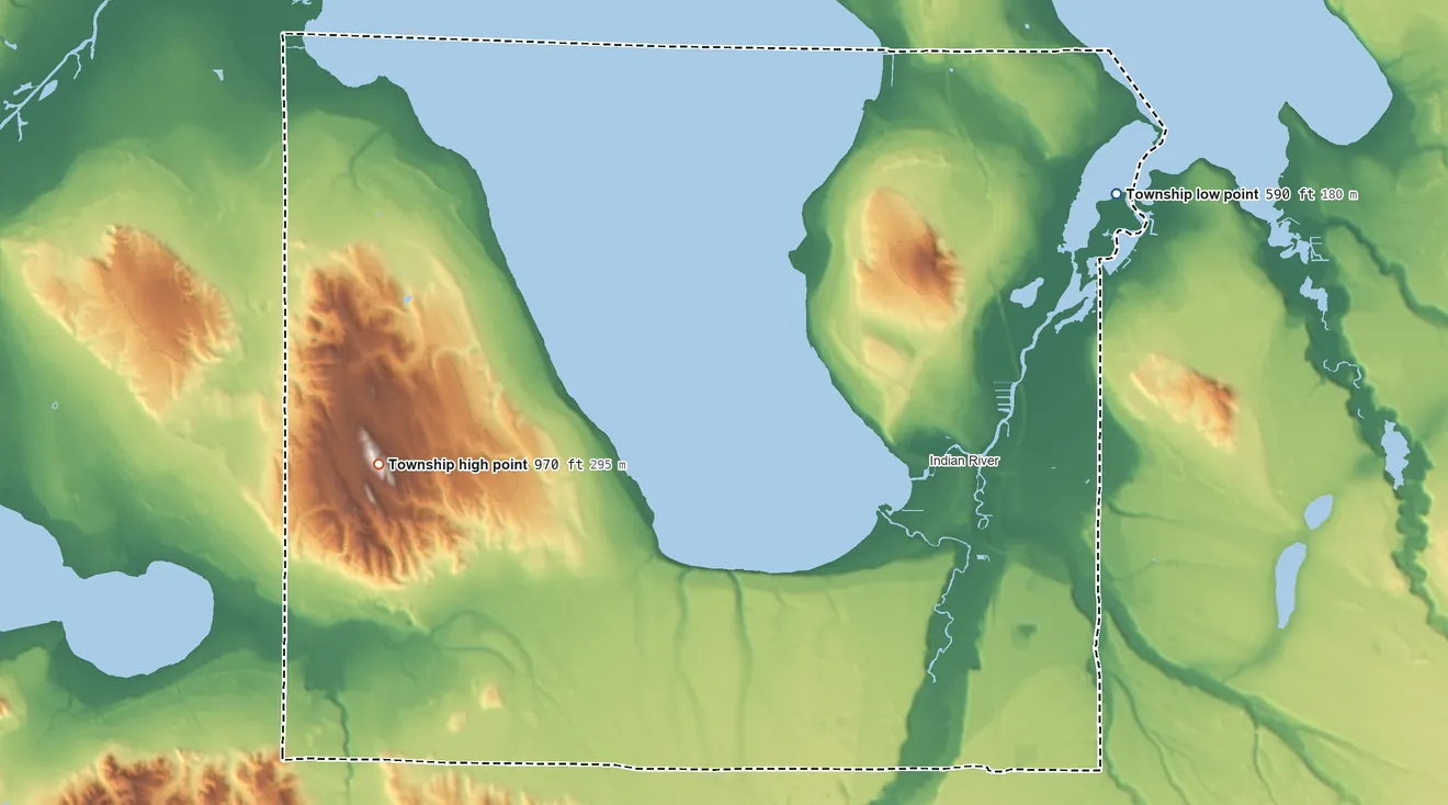 Topographic elevation map of Tuscarora Township, Michigan, shaded from 590 ft on the northeast side to 970 ft on the west side