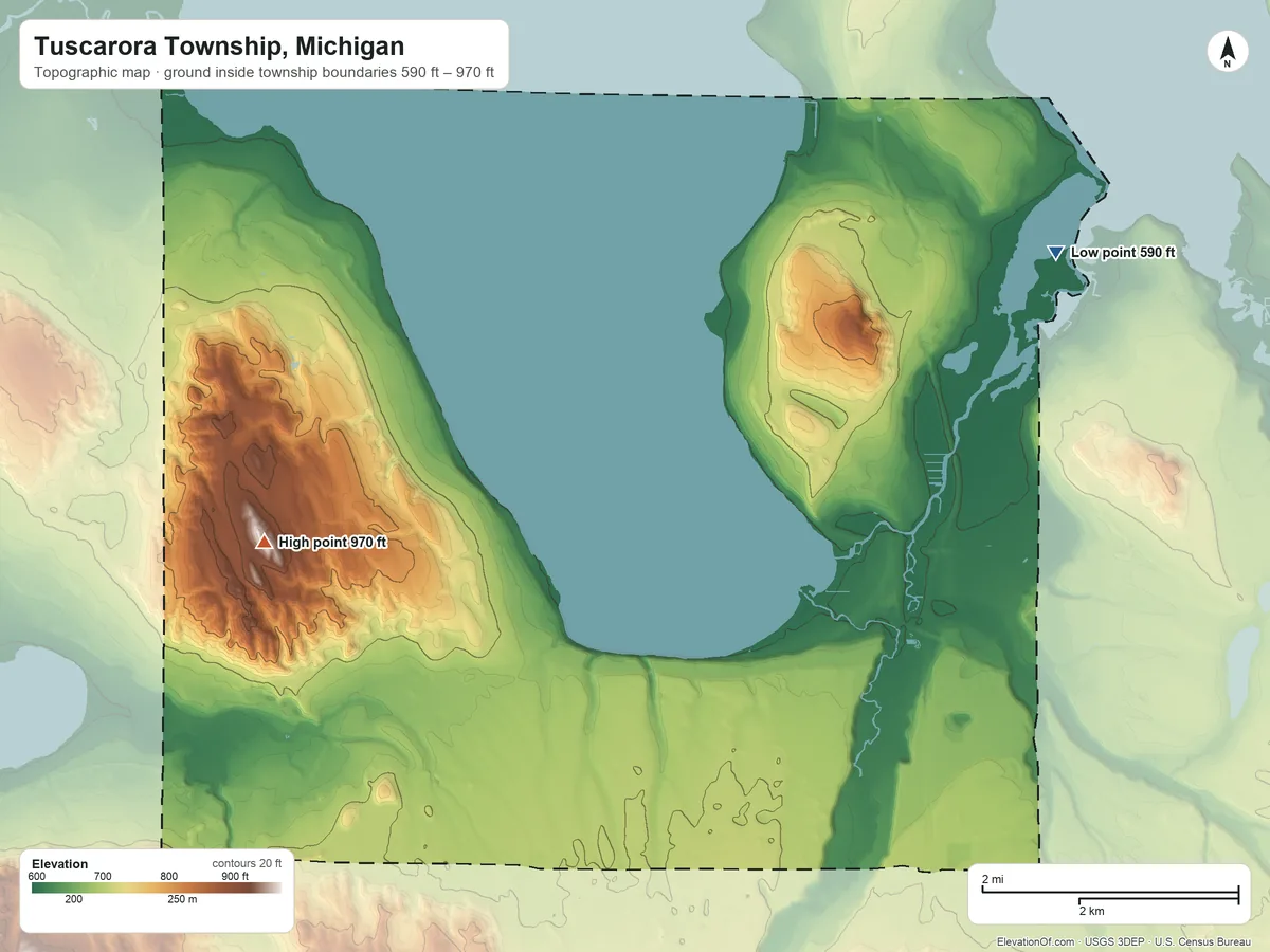 Topographic elevation map of Tuscarora Township, Michigan, shaded from 590 ft on the northeast side to 970 ft on the west side
