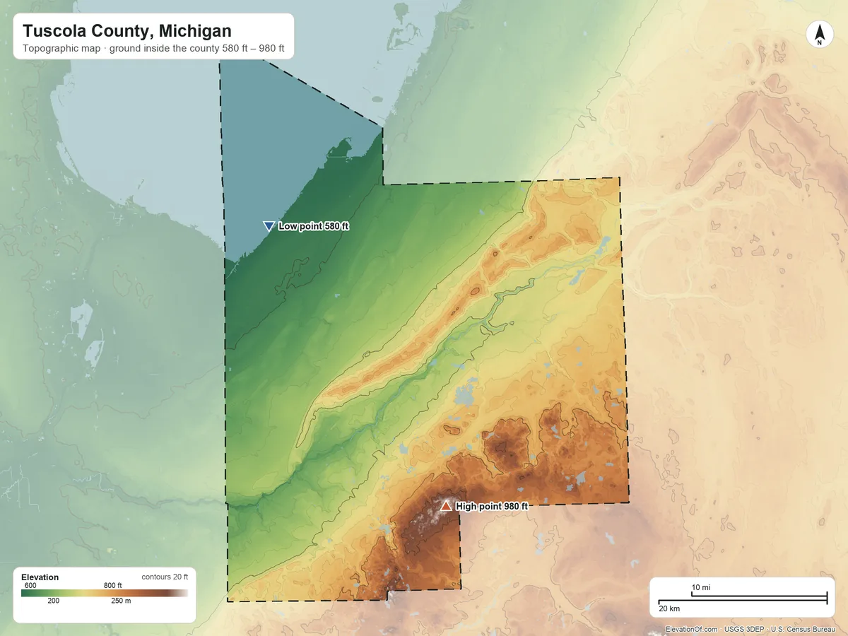 Topographic elevation map of Tuscola County, Michigan, shaded from 580 ft on the northwest side to 980 ft on the south side