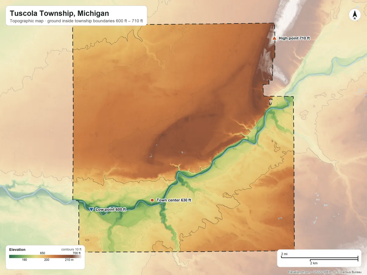 Topographic elevation map of Tuscola Township, Michigan, shaded from 600 ft on the west side to 710 ft on the northeast side