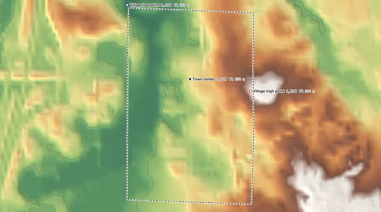 Topographic elevation map of Tustin, Michigan, shaded from 1,180 ft on the northwest side to 1,280 ft on the east side