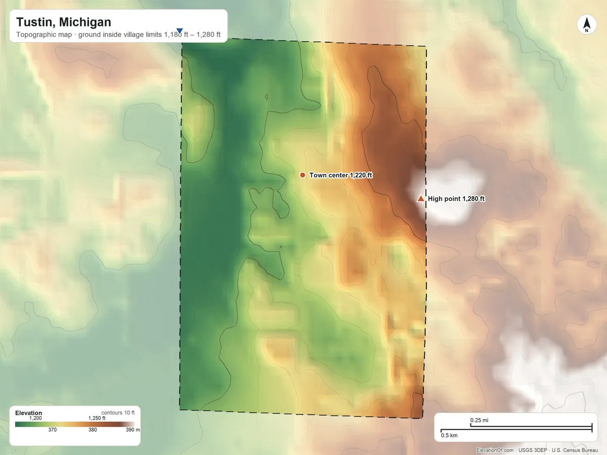 Topographic elevation map of Tustin, Michigan, shaded from 1,180 ft on the northwest side to 1,280 ft on the east side