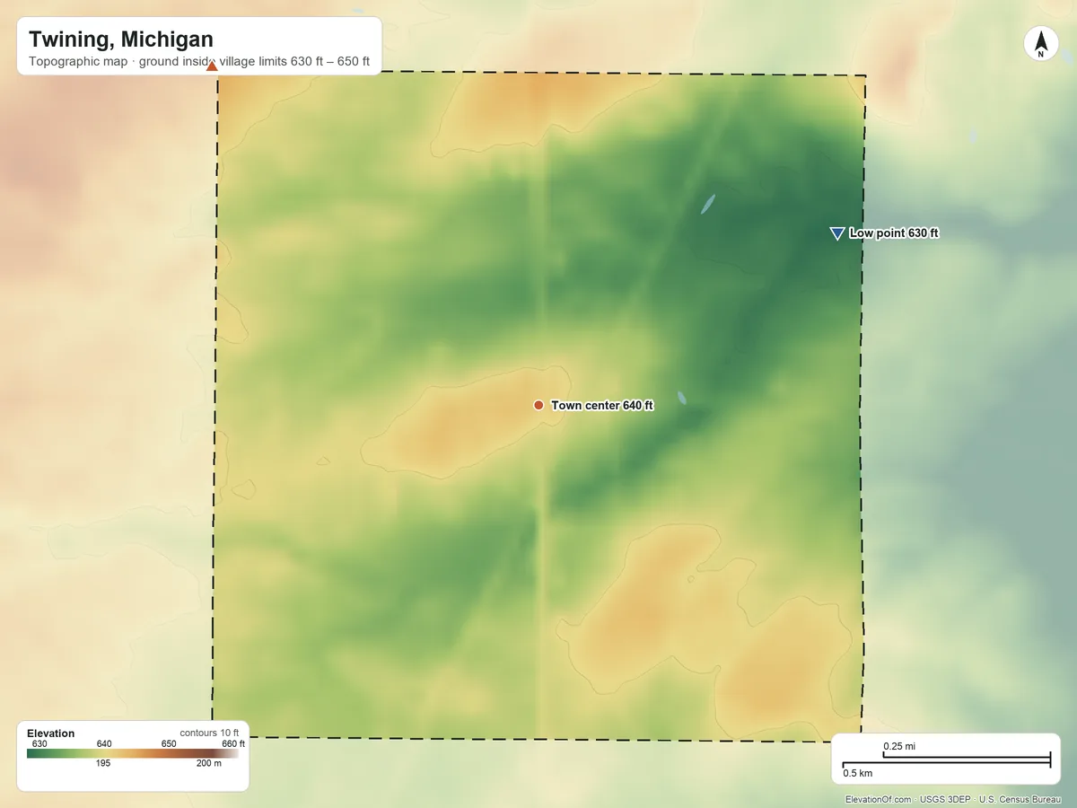 Topographic elevation map of Twining, Michigan, shaded from 630 ft on the northeast side to 650 ft on the northwest side