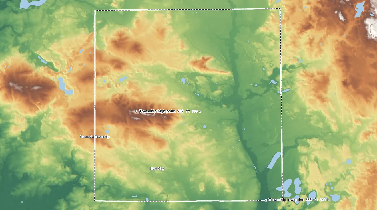 Topographic elevation map of Tyrone Township, Kent County, Michigan, shaded from 750 ft on the southeast side to 980 ft on the west side