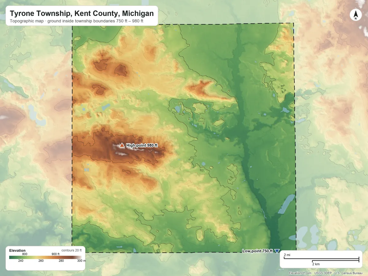 Topographic elevation map of Tyrone Township, Kent County, Michigan, shaded from 750 ft on the southeast side to 980 ft on the west side