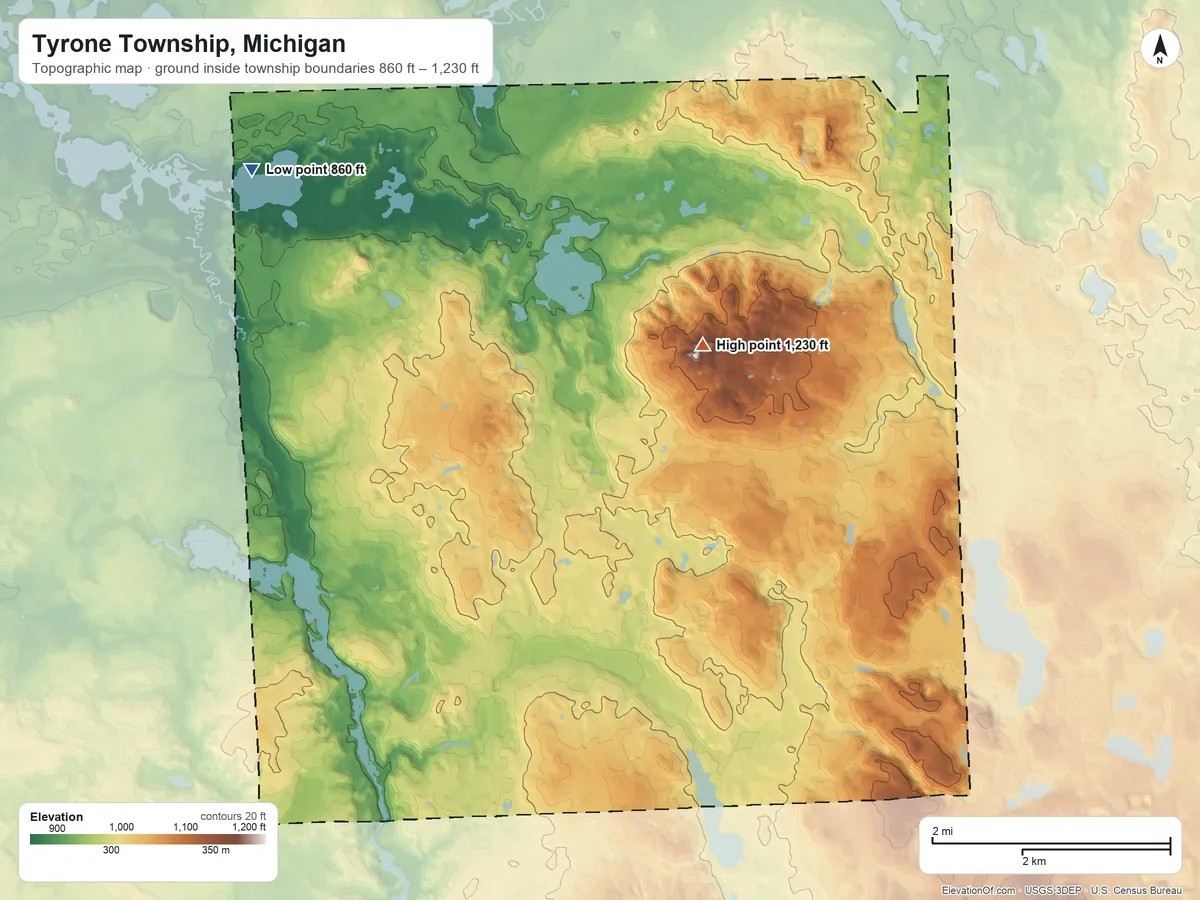 Topographic elevation map of Tyrone Township, Michigan, shaded from 860 ft on the northwest side to 1,230 ft on the northeast side