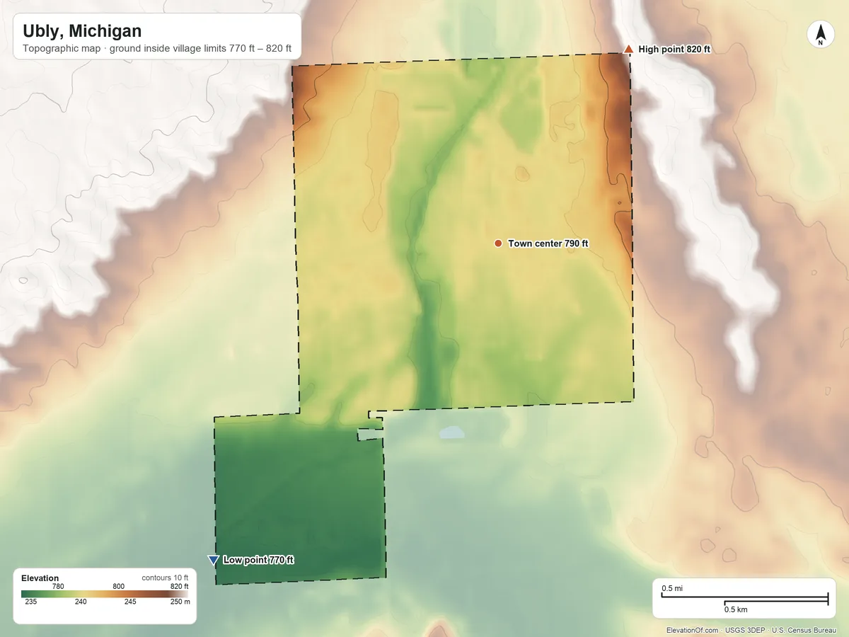 Topographic elevation map of Ubly, Michigan, shaded from 770 ft on the southwest side to 820 ft on the northeast side