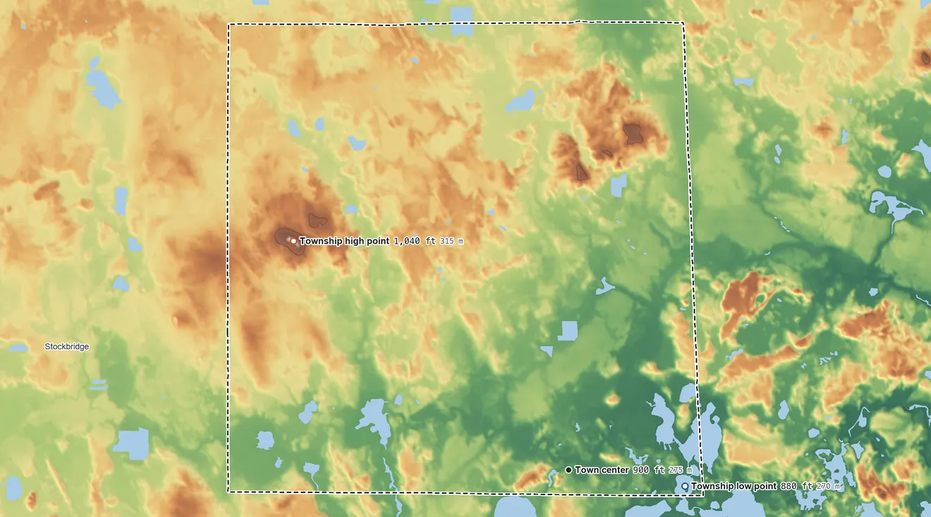 Topographic elevation map of Unadilla Township, Michigan, shaded from 880 ft on the east side to 1,040 ft on the northwest side