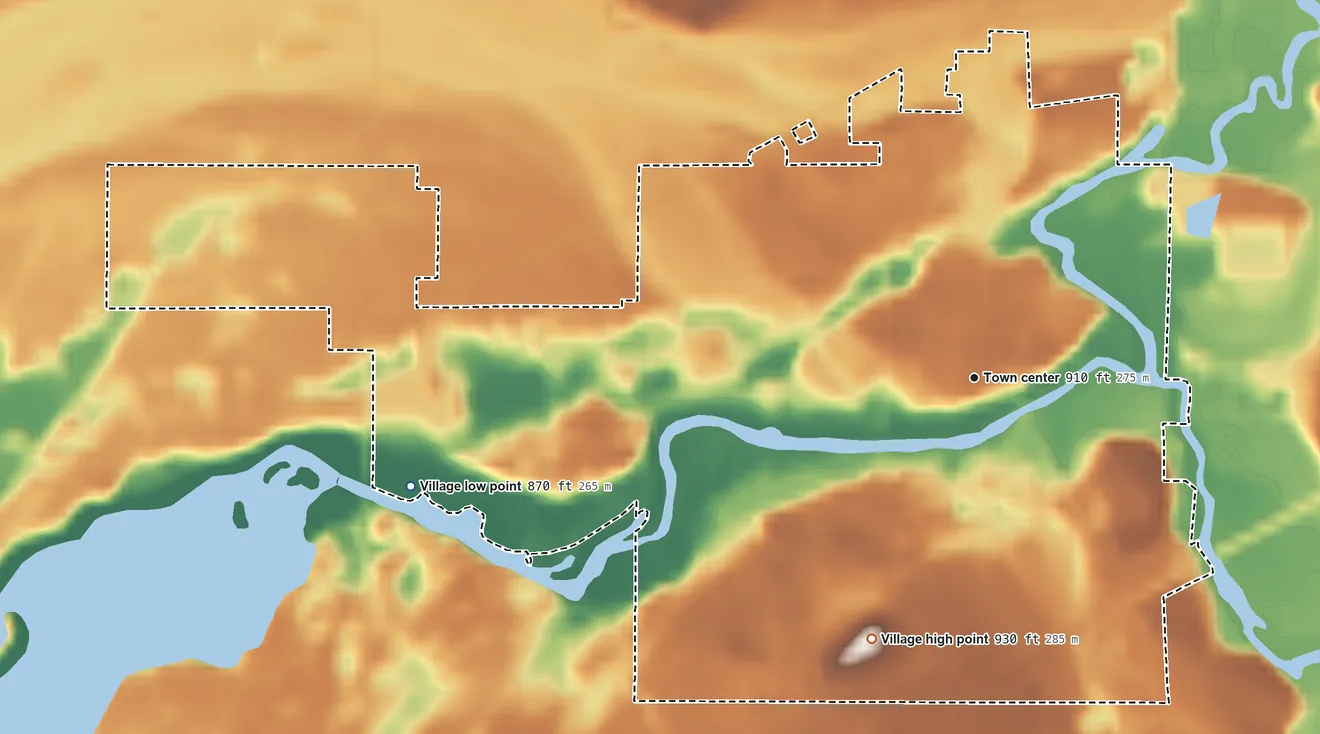 Topographic elevation map of Union City, Michigan, shaded from 870 ft on the west side to 930 ft on the south side