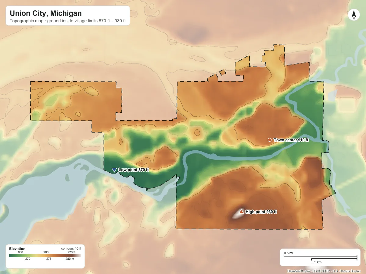 Topographic elevation map of Union City, Michigan, shaded from 870 ft on the west side to 930 ft on the south side