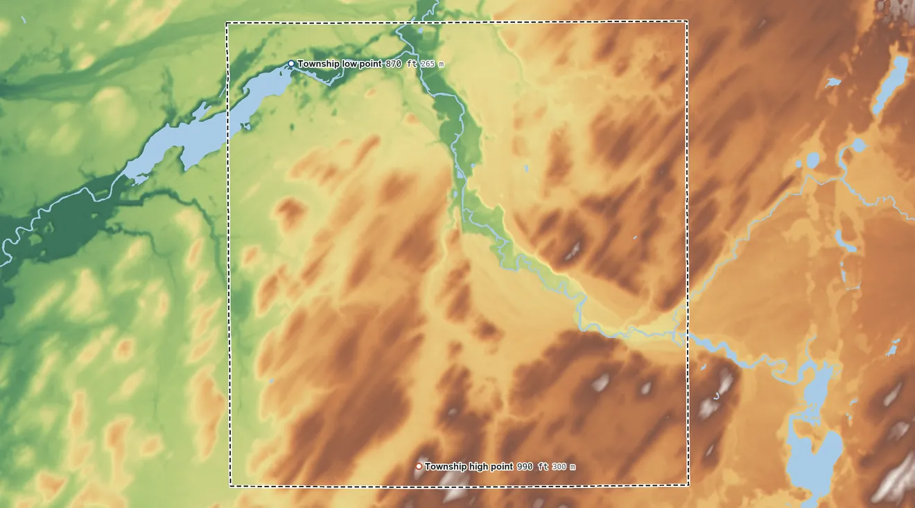 Topographic elevation map of Union Township, Branch County, Michigan, shaded from 870 ft on the northwest side to 990 ft on the south side