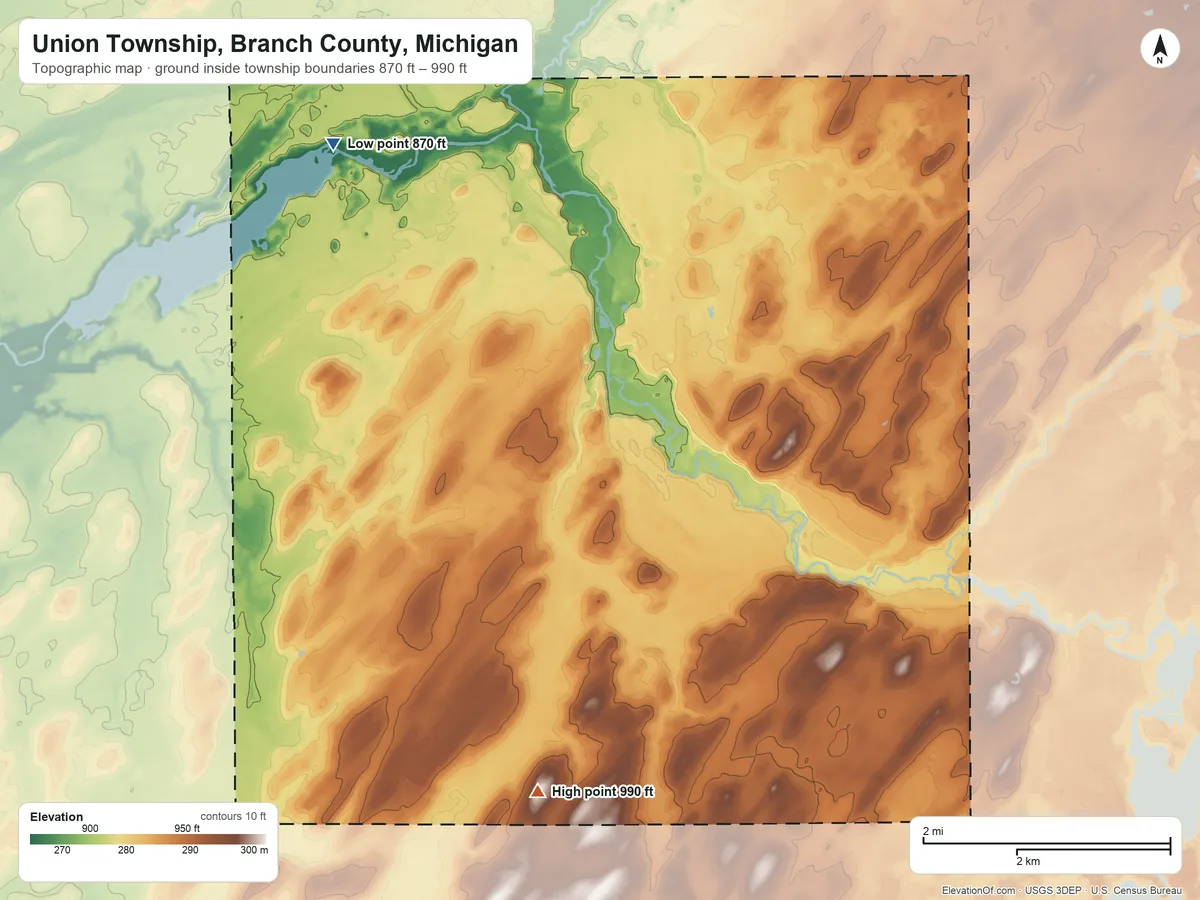 Topographic elevation map of Union Township, Branch County, Michigan, shaded from 870 ft on the northwest side to 990 ft on the south side