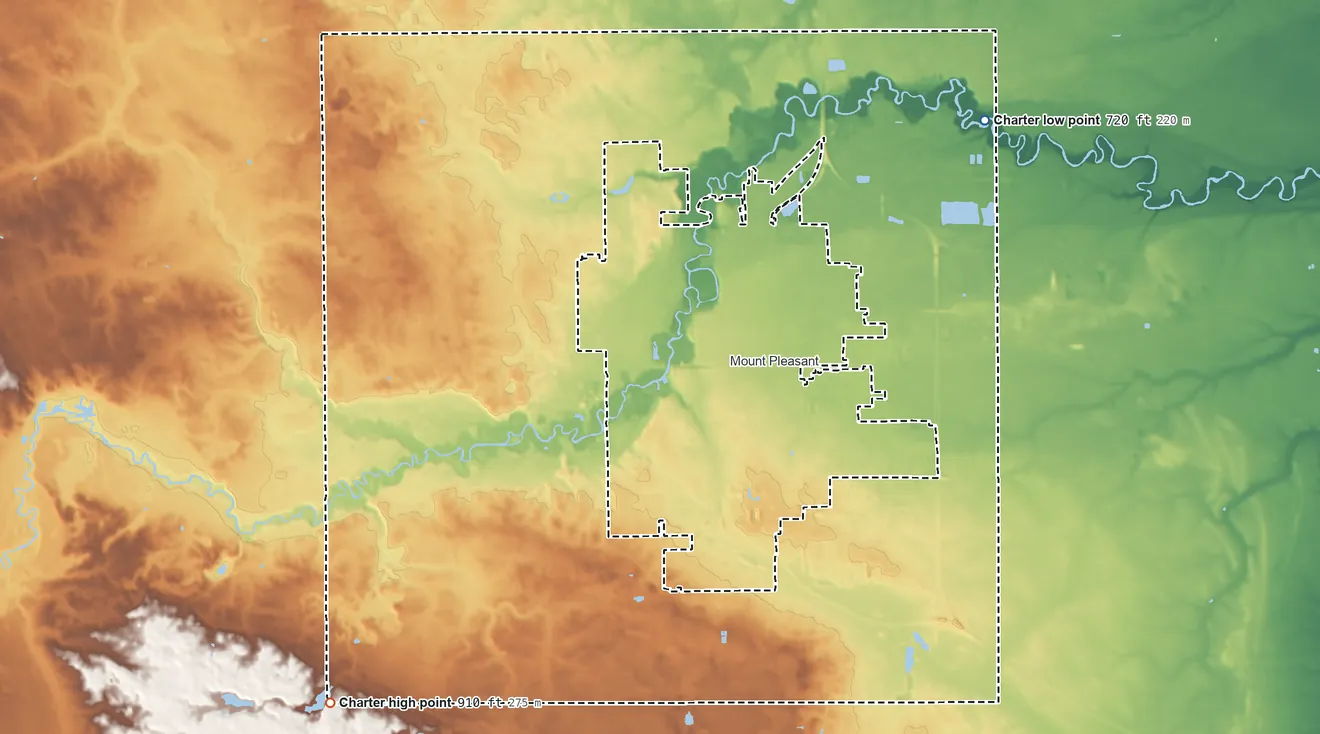Topographic elevation map of Union Township, Michigan, shaded from 720 ft on the northeast side to 910 ft on the southwest side
