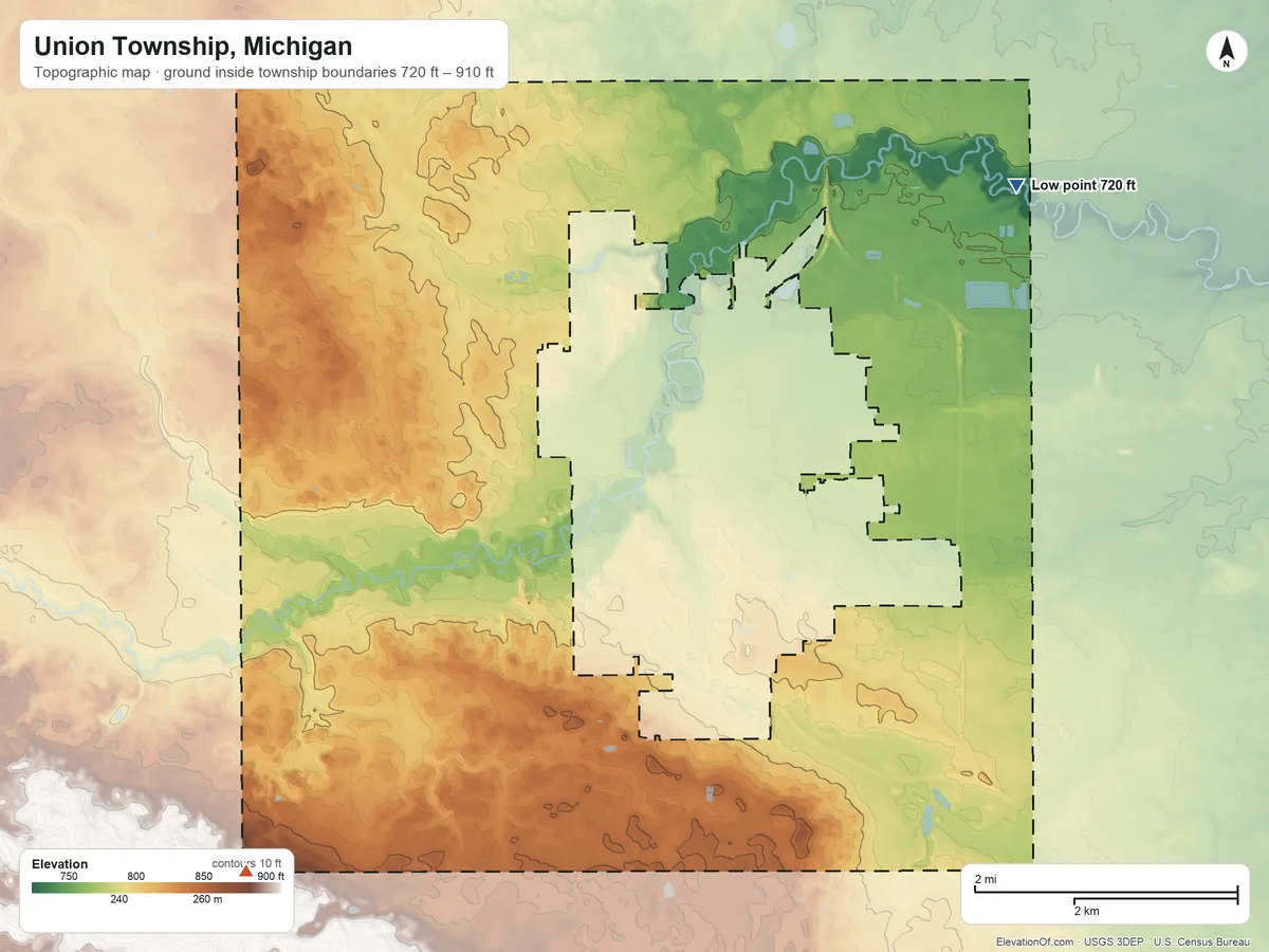 Topographic elevation map of Union Township, Michigan, shaded from 720 ft on the northeast side to 910 ft on the southwest side