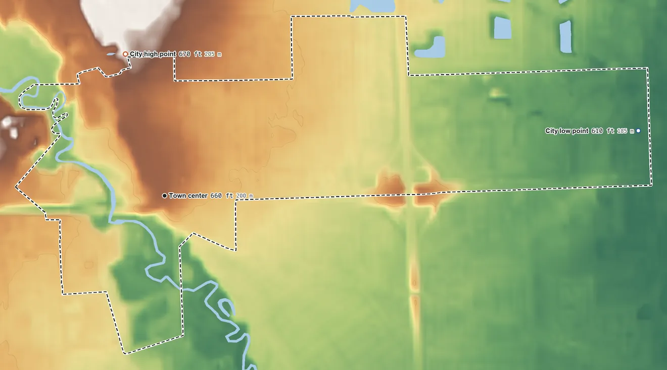 Topographic elevation map of Utica, Michigan, shaded from 610 ft on the east side to 670 ft on the north side