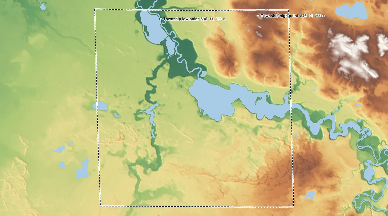 Topographic elevation map of Valley Township, Michigan, shaded from 590 ft on the northwest side to 840 ft on the north side