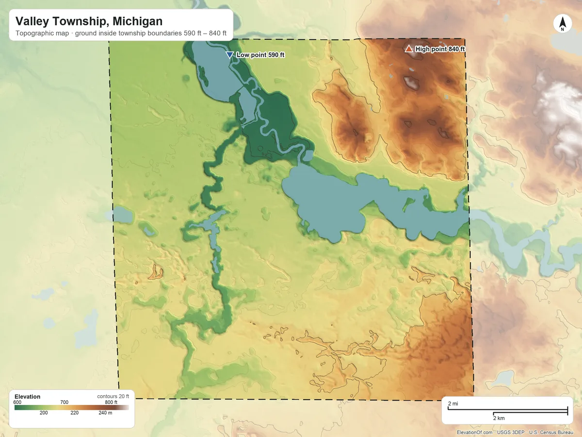 Topographic elevation map of Valley Township, Michigan, shaded from 590 ft on the northwest side to 840 ft on the north side