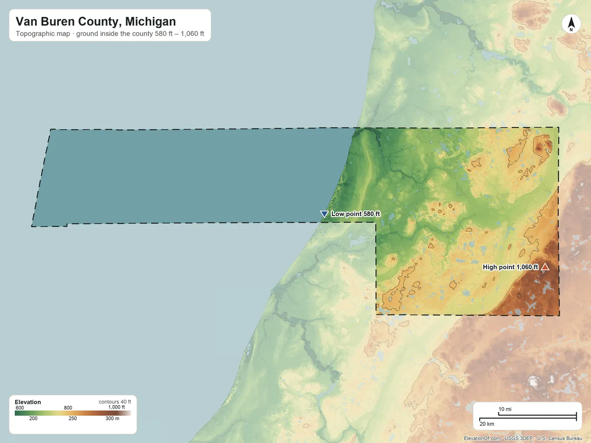 Topographic elevation map of Van Buren County, Michigan, shaded from 580 ft near the middle to 1,060 ft on the east side