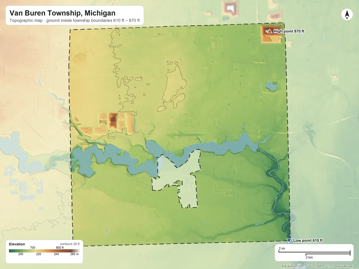 Topographic elevation map of Van Buren Township, Michigan, shaded from 610 ft on the southeast side to 870 ft on the northeast side