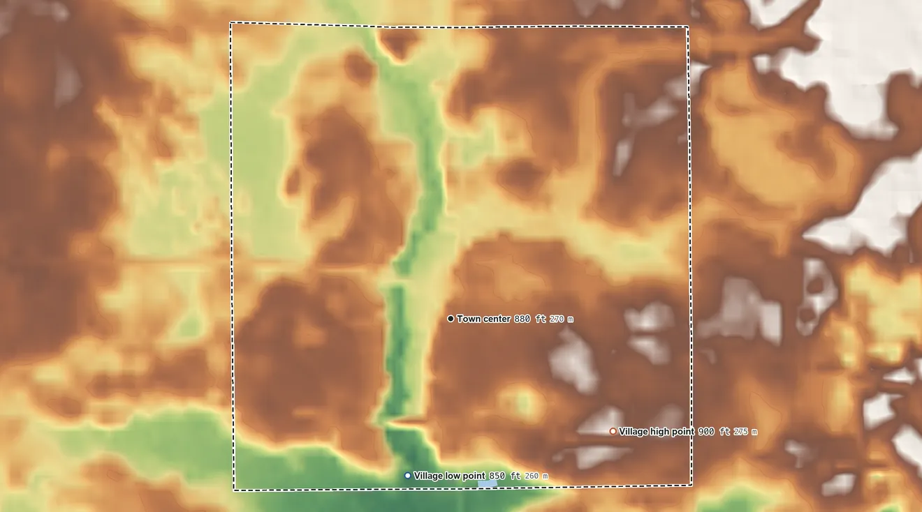 Topographic elevation map of Vandalia, Michigan, shaded from 850 ft on the south side to 900 ft on the southeast side