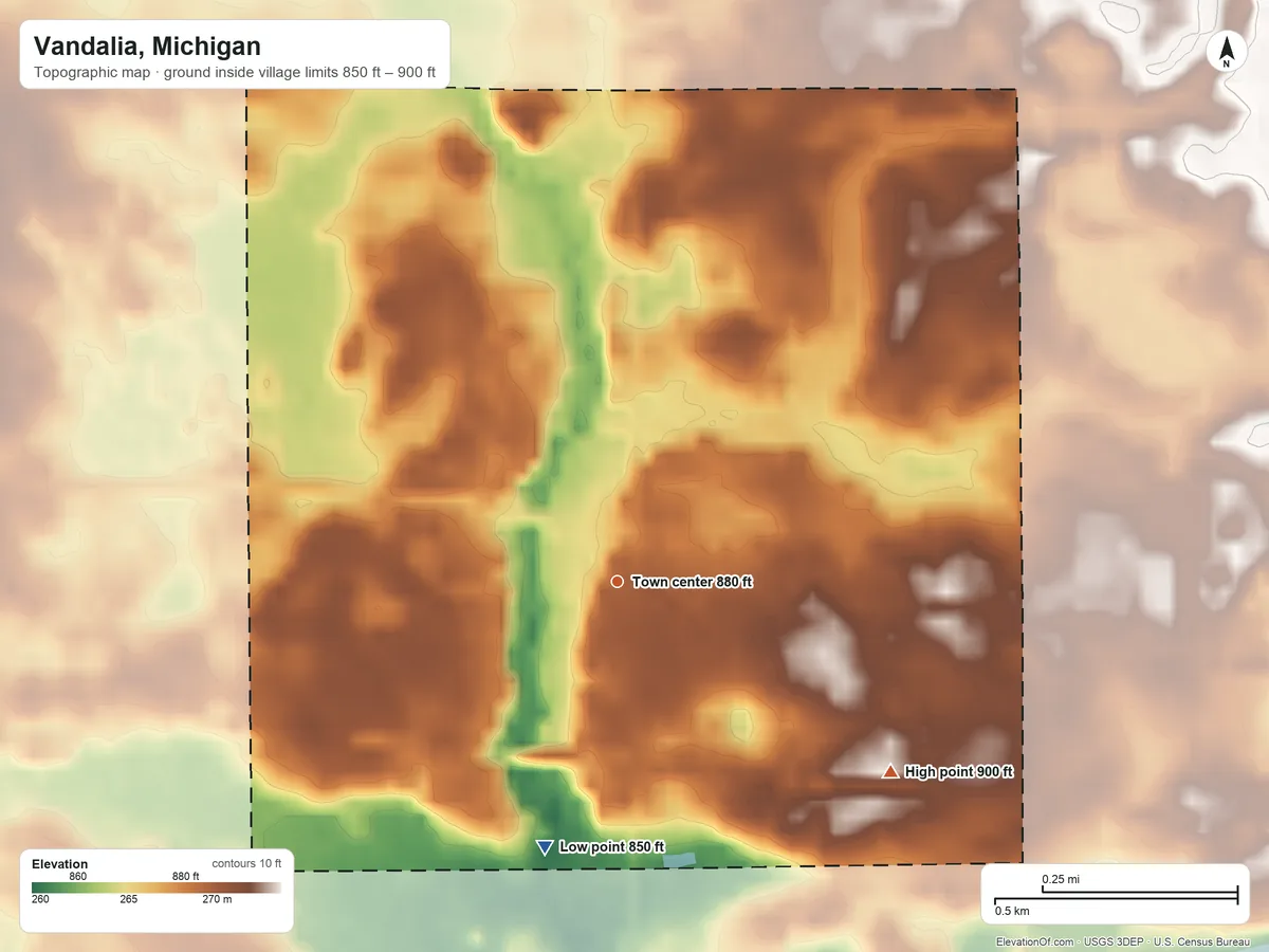Topographic elevation map of Vandalia, Michigan, shaded from 850 ft on the south side to 900 ft on the southeast side